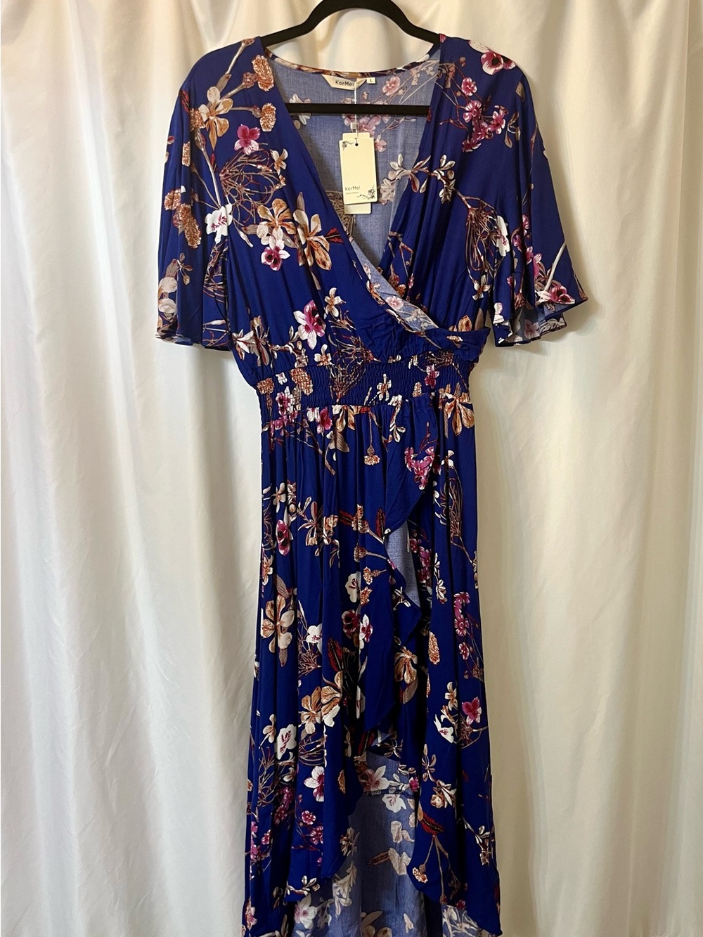 Blue Floral High-Low Wrap Dress with Ruffle Detail - Picture 1 of 4